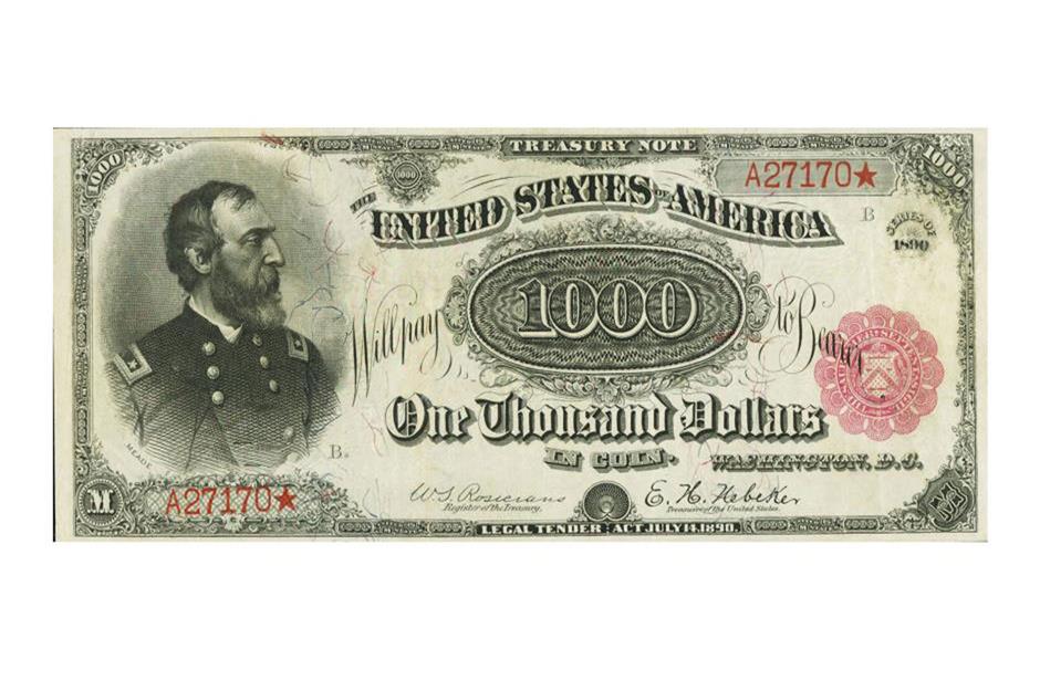 1890 Grand Watermelon $1,000 treasury note: $3.3 million 